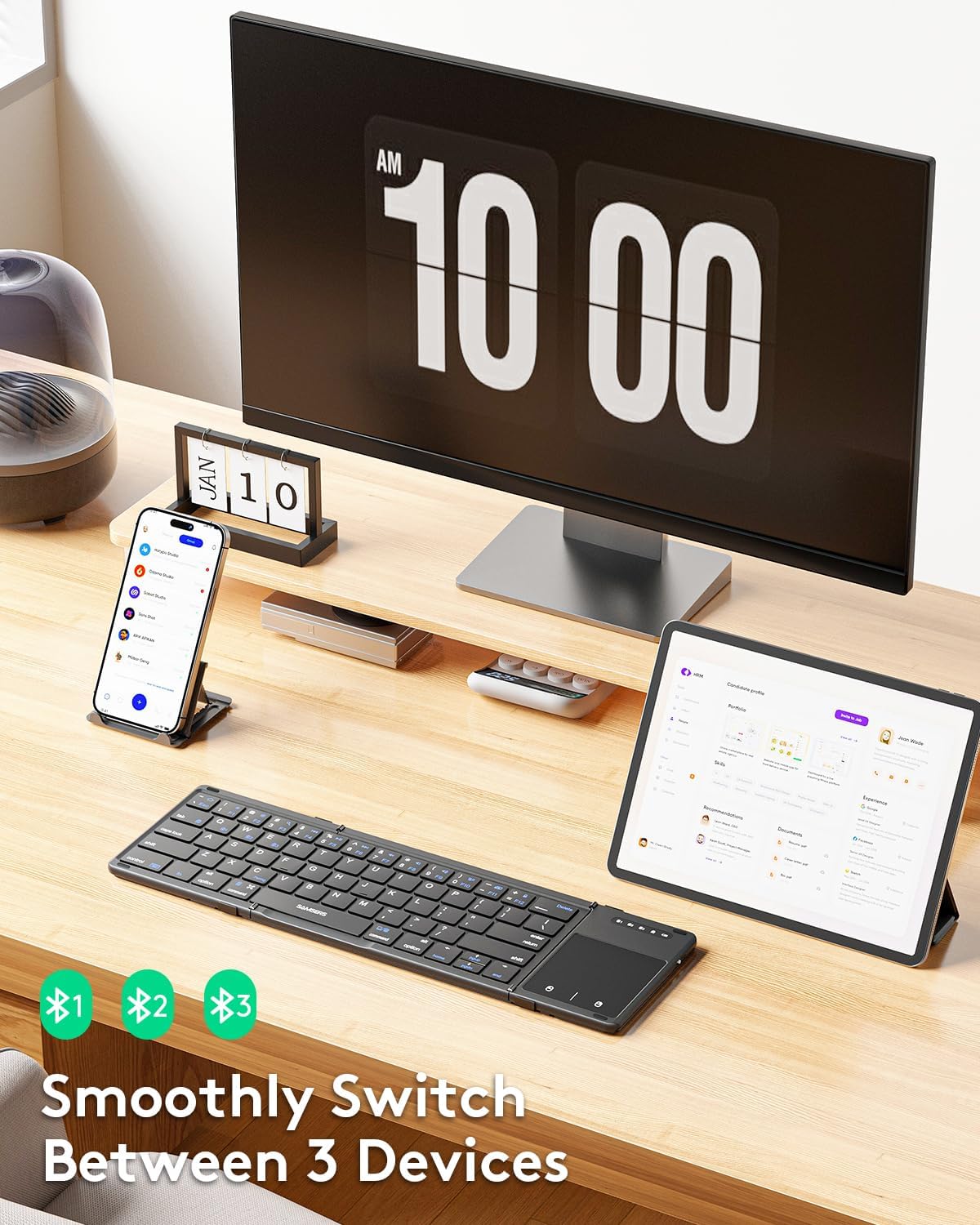 Samsers Foldable Bluetooth Keyboard with Touchpad, Full-Size Wireless Folding Keyboards with PU Leather, Support 3 Devices (BT5.1 x 3), Portable Travel Keyboard for iOS Android Windows Mac OS, Black