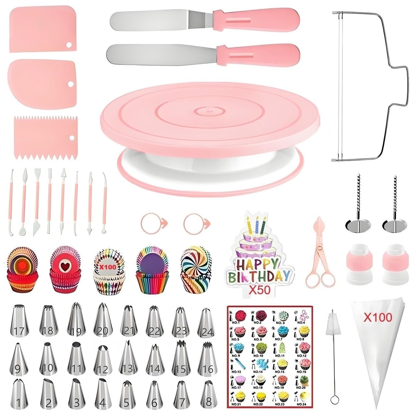 ANSLYQA Cake Decorating Kit, 298 Pcs with Cake Turntable, Leveler, 24 Numbered Icing Tips, 2 Spatulas, 3 Scrapers, 8 Carved Pens, 100 Pastry Bags, 100 Cupcake Liners & More Baking Tools, (Pink)