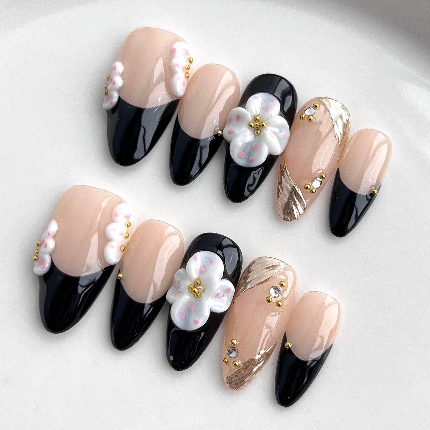 Handmade Press on Nails Almond Medium 3D Floral French Tip Thick Acrylic Fake Nails False Nails with White Flower Gold Curve Line Designs Black Sturdy Nail Art Press on Nails 10Pcs(S)