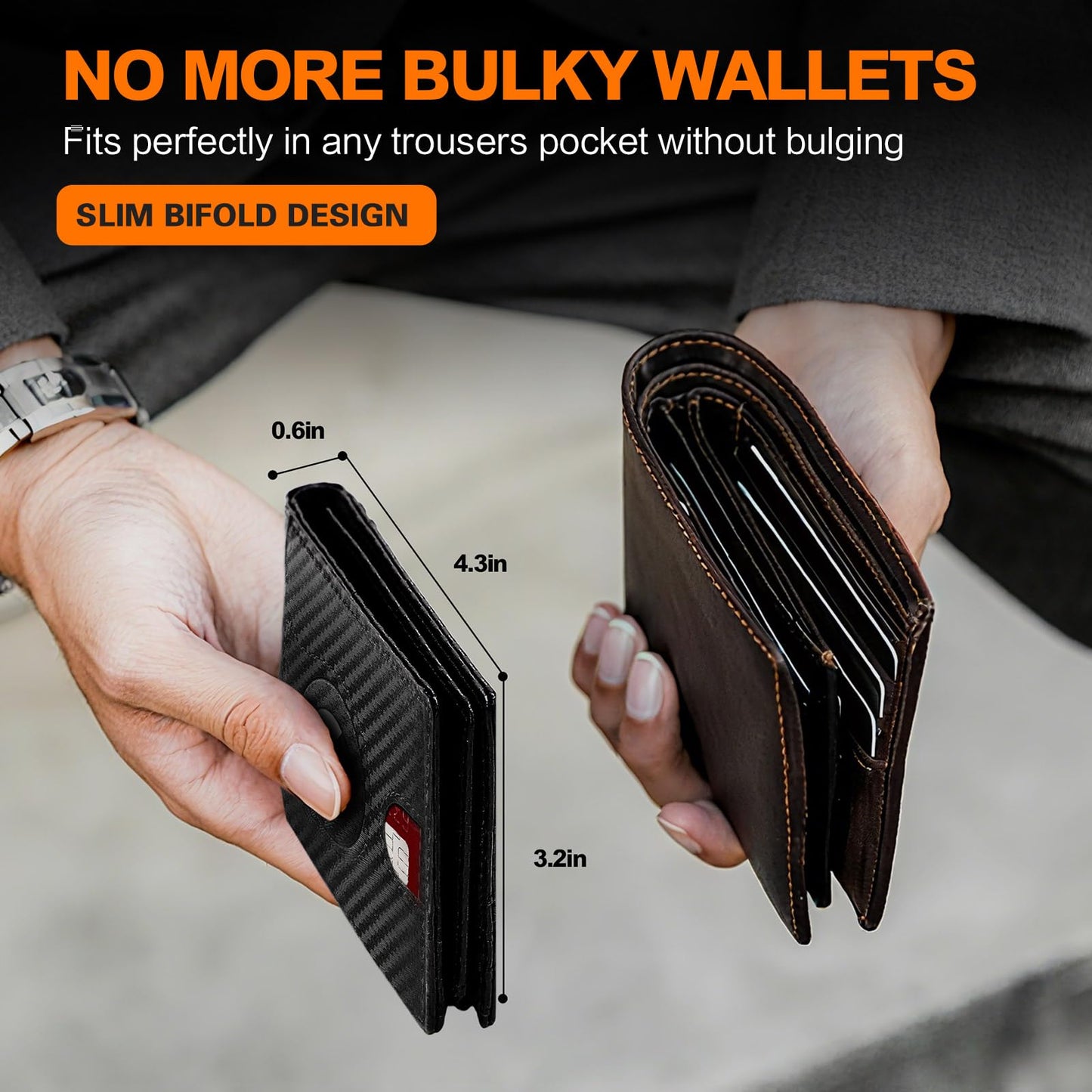 Wallet for Men Slim RFID Blocking Bifold Carbon Fiber,Minimalist Small Compact Front Pocket Credit Card Holder,Thin Mens Leather Wallets Smart Security With 2 ID Windows 1 Cash,Birthday Gifts for Men