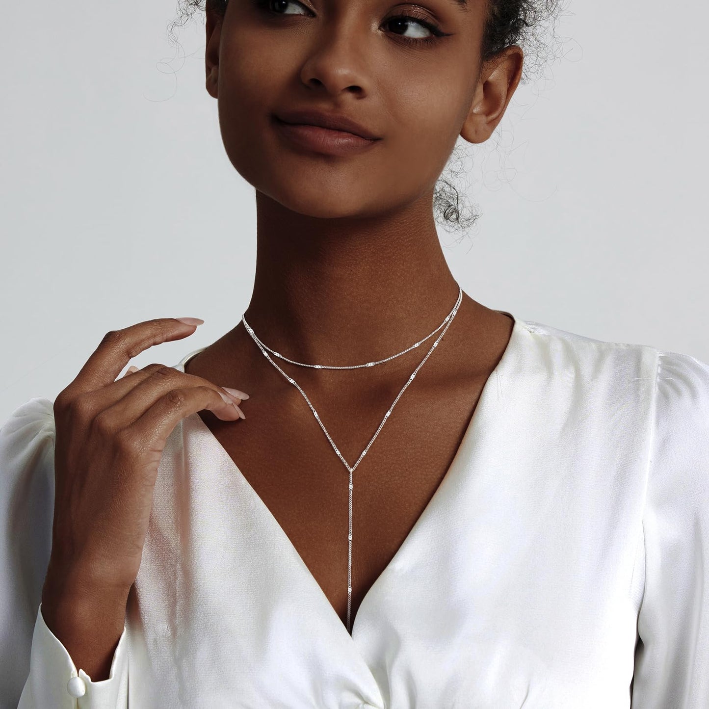 LULII Dainty Long Silver Necklace for Women Trendy Lariat Y Necklace Silver Plated Layered Chain Drop Y-Shaped Jewelry Gift