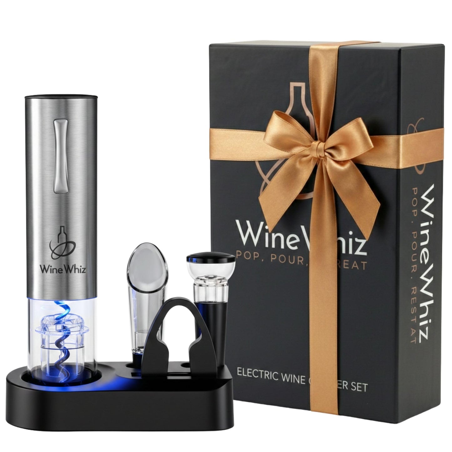 Electric Wine Opener Set with Base and Accessories (Rechargeable Stainless Steel Corkscrew, Dispenser, Foil Cutter Tool, Stopper) | Lovers Gift for Housewarming, Birthday, Registry