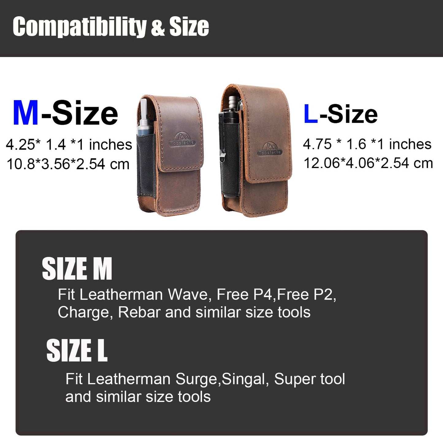 Topstache Leather Multitool Sheath for Belt - EDC Belt Organizer for Leatherman, Gerber - Magnetic Closure Multitool Holster Pouch Fits Folding Tool - Leather Multi Tool Case, M, Darkbrown