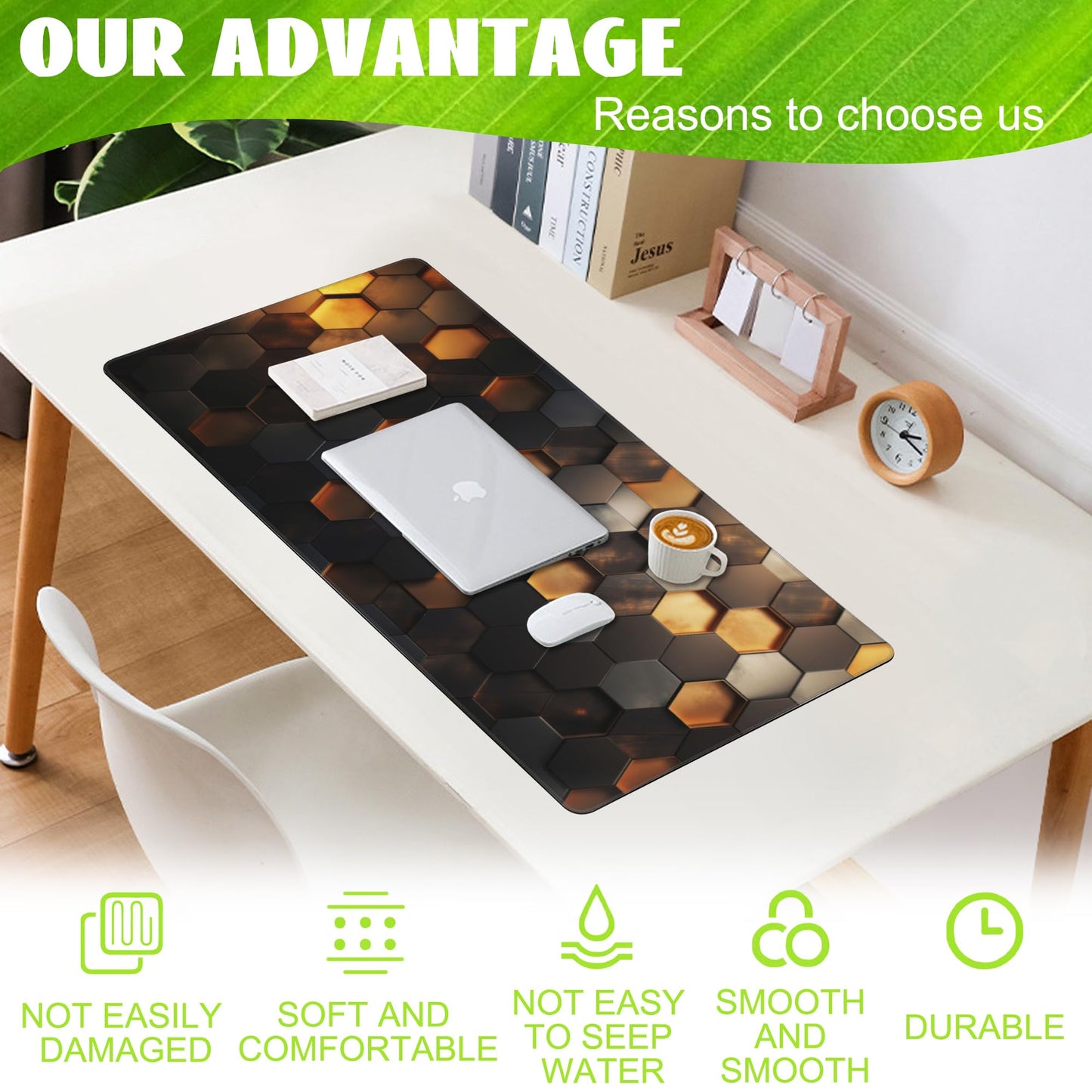 Eflxamz Desk Mat - Golden Honeycomb Technology Large Gaming Mouse Pad With Non-Slip Base and Stitched Edge, Extended Big Computer Keyboard Pad, 35.4"x15.7"