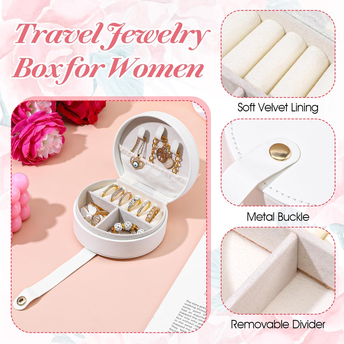 Nodaaiie 8 Pcs Travel Jewelry Case, Mini Leather Jewelry Organizer Box with Detachable Handle for Women and Teens, White