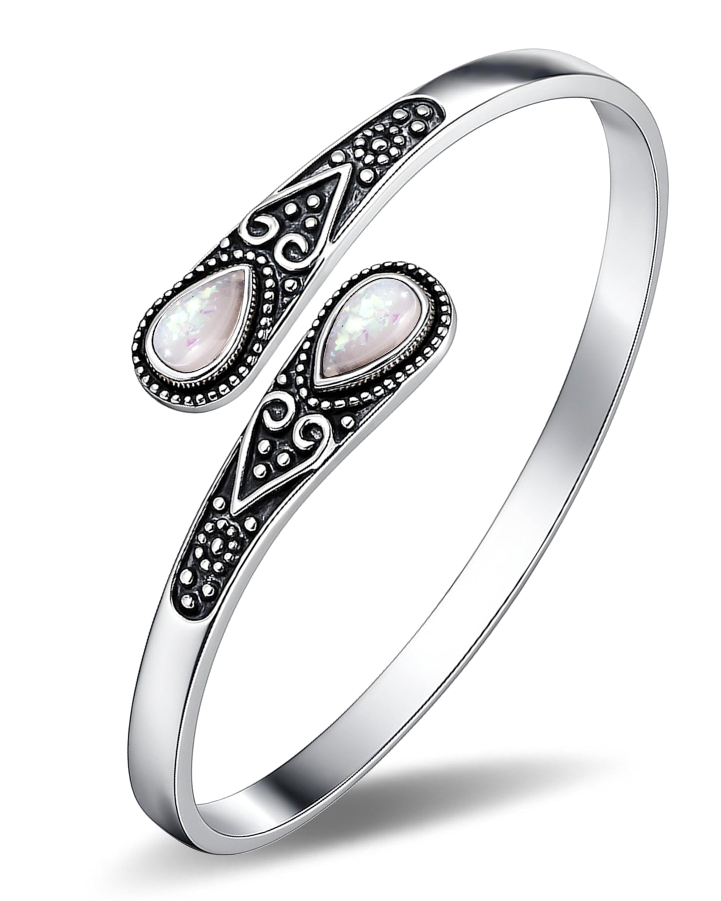 Irideket Opal Stones Vintage Sterling Silver Plated Cuff Bracelet, Silver Bangles for Women, Adjustable Silver Jewelry, Elegant Silver Bracelet