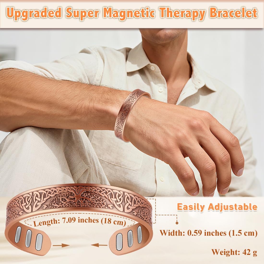 Cigmag Copper Magnetic Bracelet for Men, with Powerful 9X 5000 Gauss Magnets, Adjustable Solid Pure Copper (Enhanced Tree of Life)