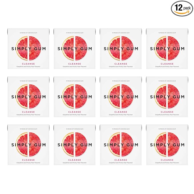 SIMPLY Gum Cleanse (Grapefruit and Prickly Pear), Plastic-Free Natural Chewing Gum, 12 Pack (180 Pieces) | Vegan, Kosher, Non GMO, Aspartame Free and Sorbitol Free