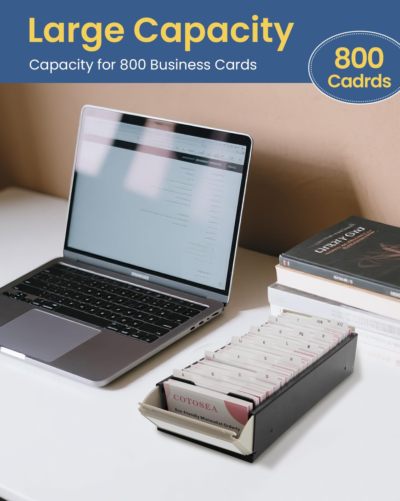 COTOSEA Business Card Holder for Desk, 800 Capacity Plastic Business Card Organizer Box, Desktop 3.5x2.2in Credit Flash Gift Cards Holder File Box Storage, A-Z Tabs, Metal Structure, Black