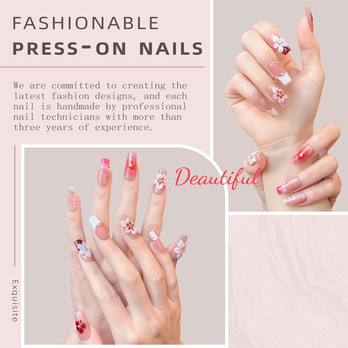 Nude Pink Handmade Press On Nails – Long Coffin Rhinestone & Flower Fake Nails, Full Cover Thick Acrylic & Multi-Layer Gel Stick On Nails Spring Pattern (M-10PCS)