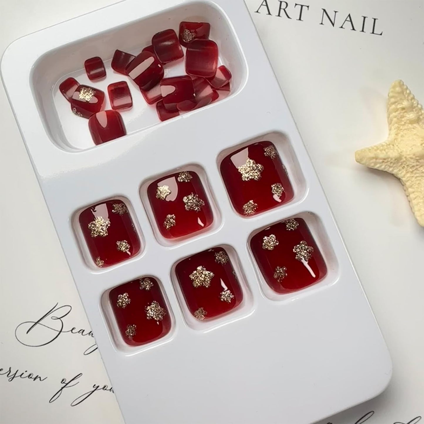 FJSMTOPl Red Press on Toenails With Flower Design - Glitter False Toe Nails, Full Cover Acrylic, Gold Glossy Tips - 24 Pcs