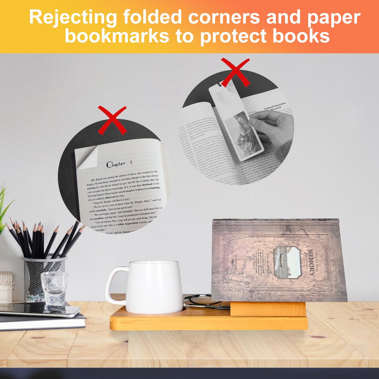 Eadvreit Book Stand, Wooden Triangle Book Holder, Book Rest with Cup Holder, Small Bookshelf Suitable for Reading or Desktop Decoration, Coffee and Book Lovers Gifts