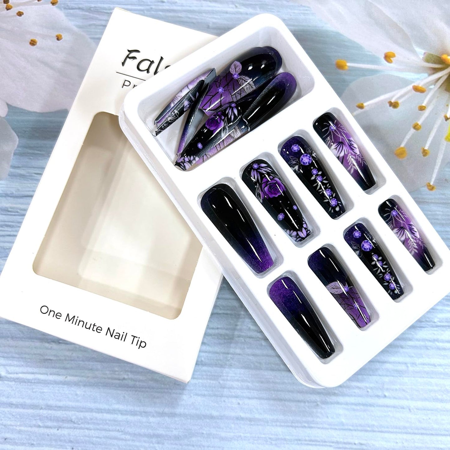 24Pcs Purple Rose Press on Nails Medium Ballet Shaped Purple Starry Sky Smudge and Flower Pattern Design Full Cover Glossy Artificial False Nail Reusable Acrylic Press Ons Stick on Nails for Women