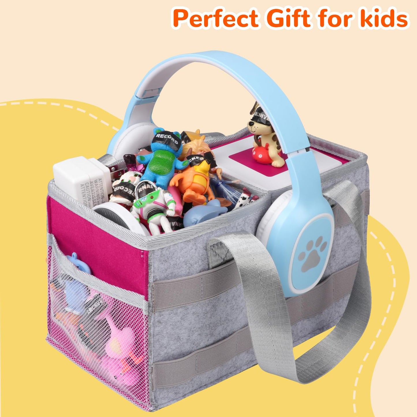 Partreko Carrying Case Compatible with Tonies Box with Audio Position, Portable Travel Storage Bag for Tonies Figures with 24 Elastic Strap, Soft Felt Organizer Case for Toniebox Accessories Gray&Rose