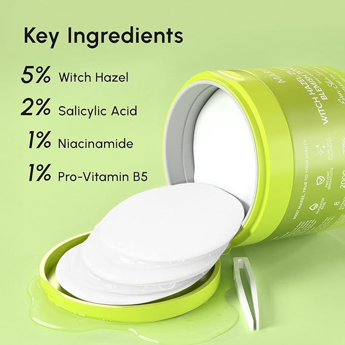 MAREE Blemish Toner Polishes - Daily Facial Radiance Toner Polishes - Witch Hazel Acne Face Toning Pads - Acne Skin Care with BHA Salicylic Acid - Cleansing Pad for Face - Blemish Clearing Wipes