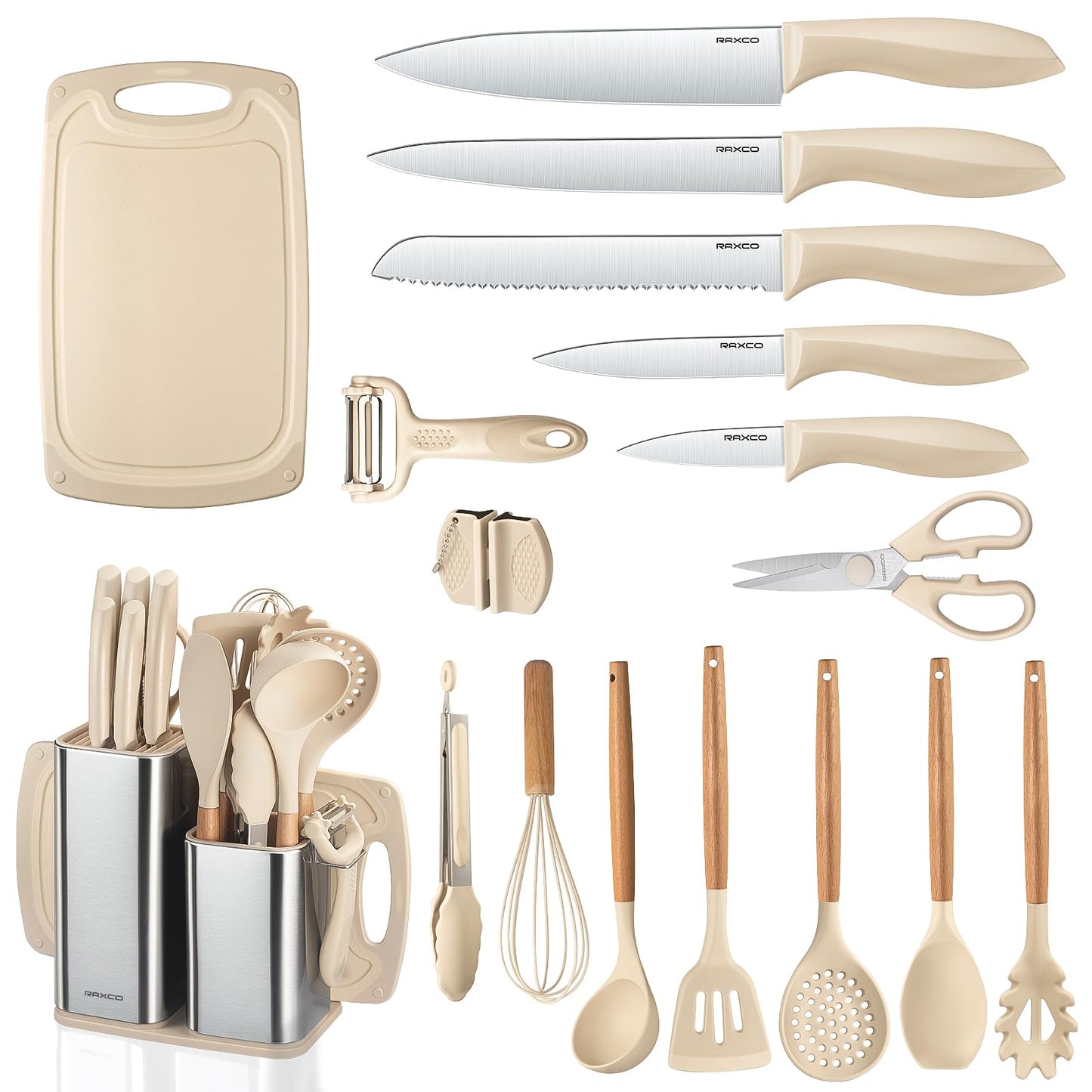 RAXCO Cooking Utensils Set,12-Piece Kitchen Utensils and Accessories,6-Piece Knife set,utensilios de cocina,Khiki
