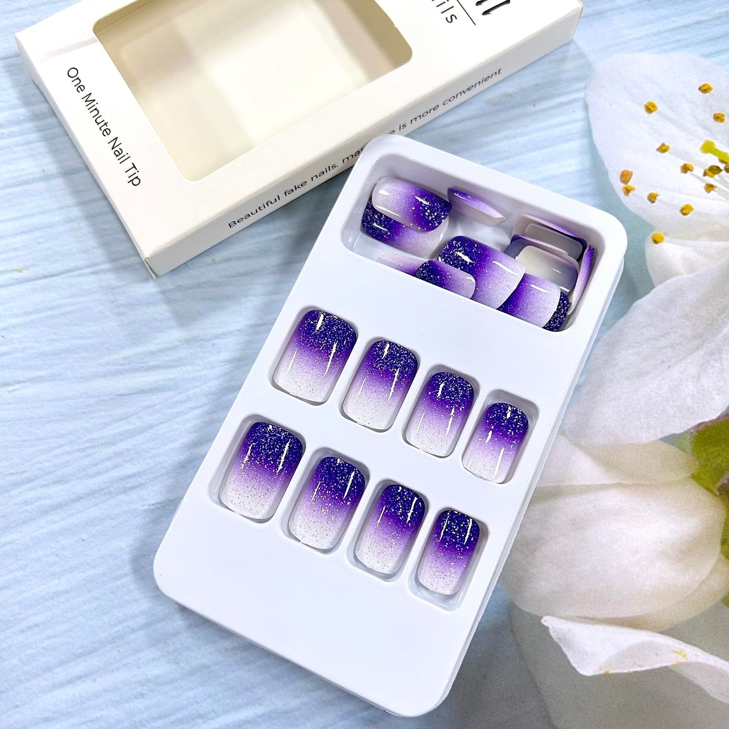 Purple Gradient Press on Nails Square Glitter Powder False Nails Medium Coffin Nails Full Cover Artificial Nails Reusable Acrylic French Stick on Nails DIY Glue on Nails for Women Manicure Kit 24Pcs