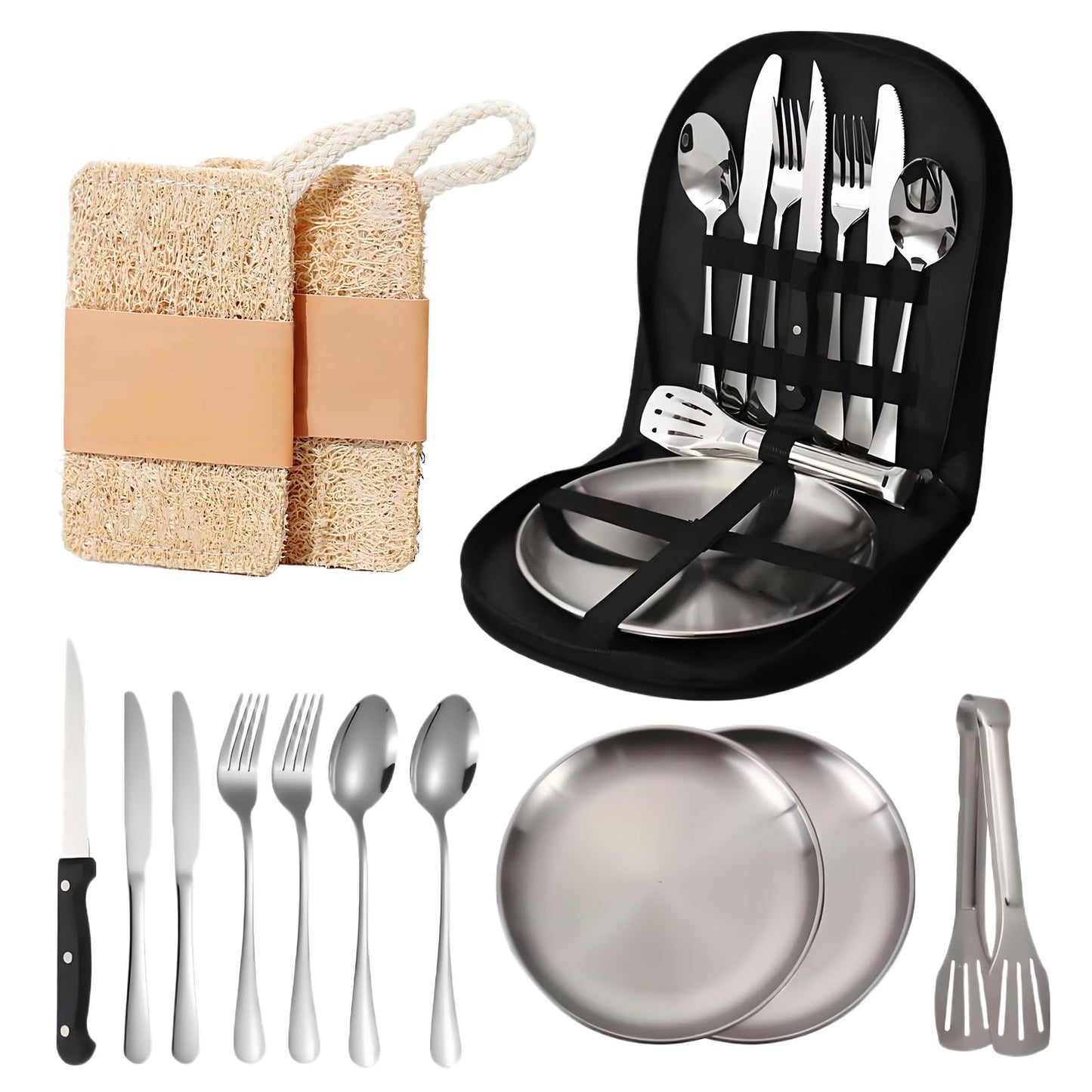 KEJJRIUTN Camping Cutlery Set, 12-Piece Stainless Steel with Plates and Case, Portable Outdoor Dining Kit, Silver