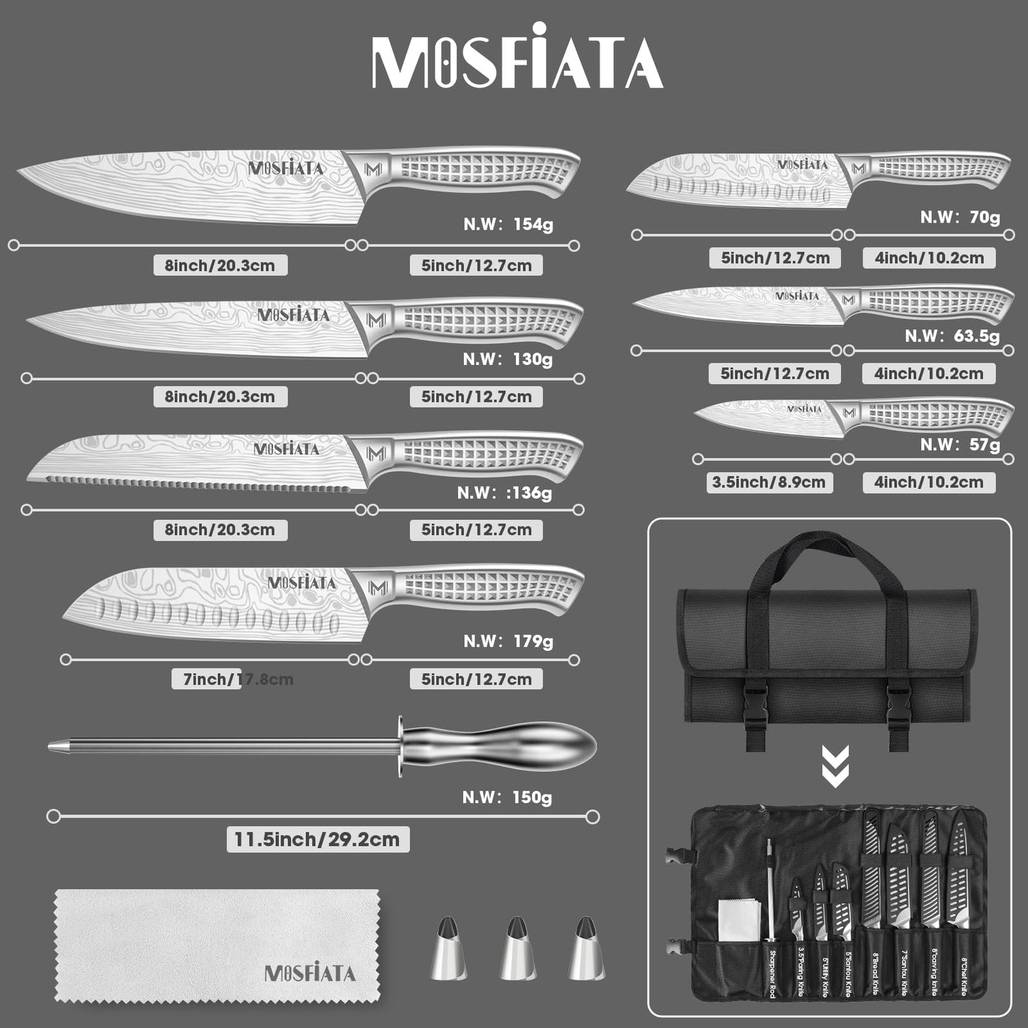 MOSFiATA Kitchen Knife Set, 12 Pcs Japanese Stainless Steel Knife Sets for Kitchen with Oxford cloth storage bag with Knife Sharpening Rod, Dishwasher Safe, For Outdoor