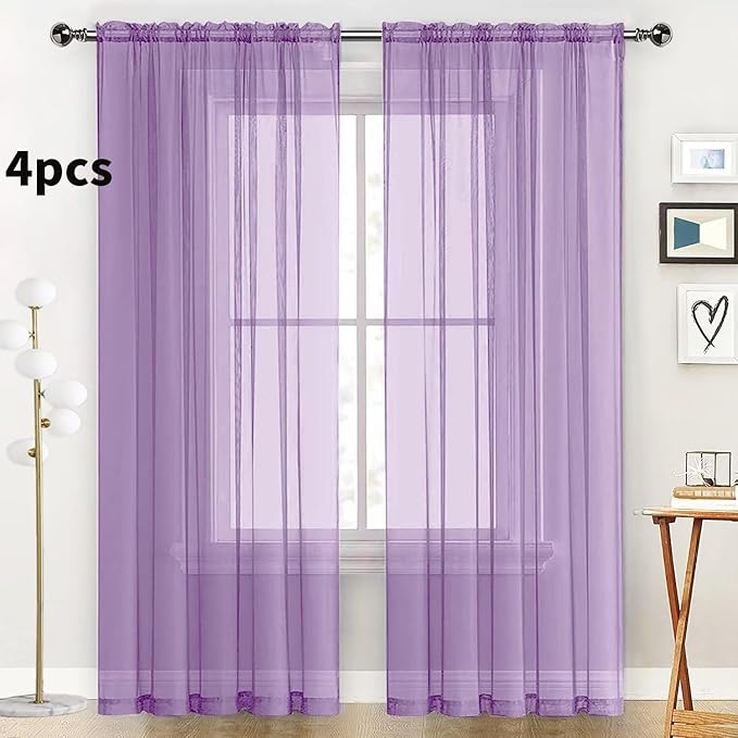 SpaceDresser Lavender Sheer Curtains 4 Panels Rod Pocket Semi-Sheer Curtain 54 Inches Long Light Filtering Voile Window Drapes for Bedroom Living Room Kitchen, Each 52W x54L