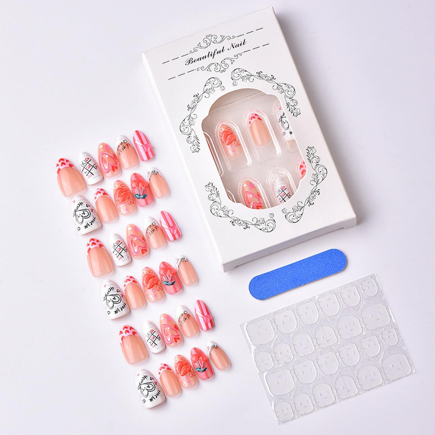 30Pcs Valentine's Press on Nails Red Hearts & Strawberry Love Lip Design Cute False Nails French Nail Tips Handmade Valentine Press on Letter Solid Color Stick on Nails for Women Holiday Manicure