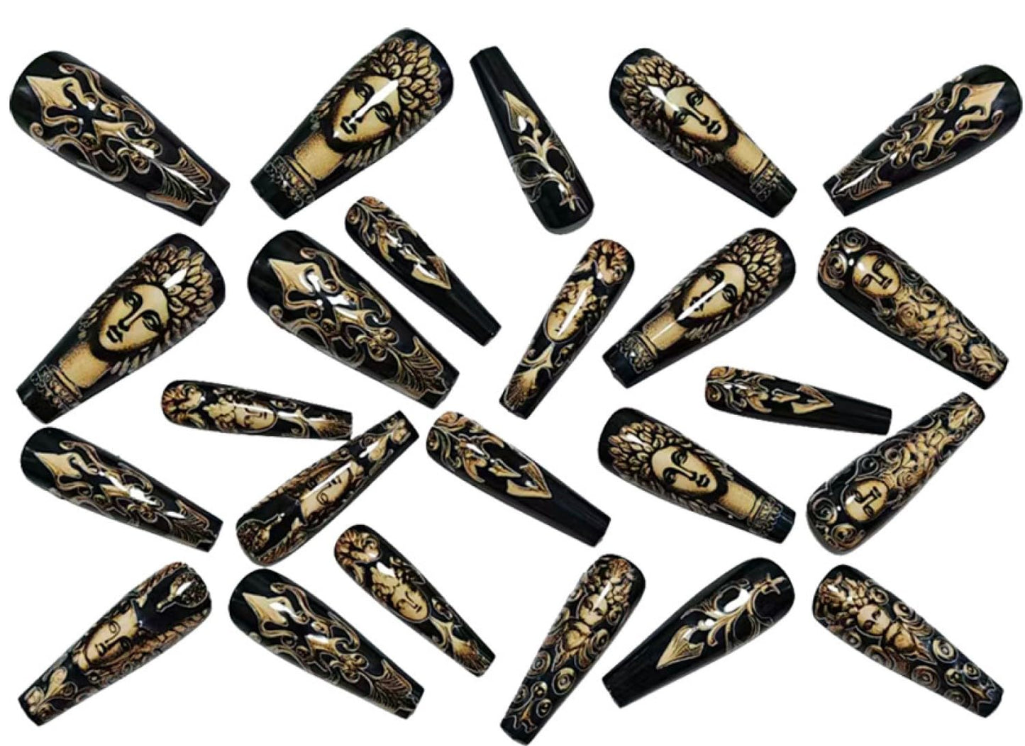 Chunmeng 24PCS Acrylic False Nails, Medium Length With Retro God & Armor Pattern, Glossy Press on Nails Set for Women's Nail Art Decoration Lasting Shine False
