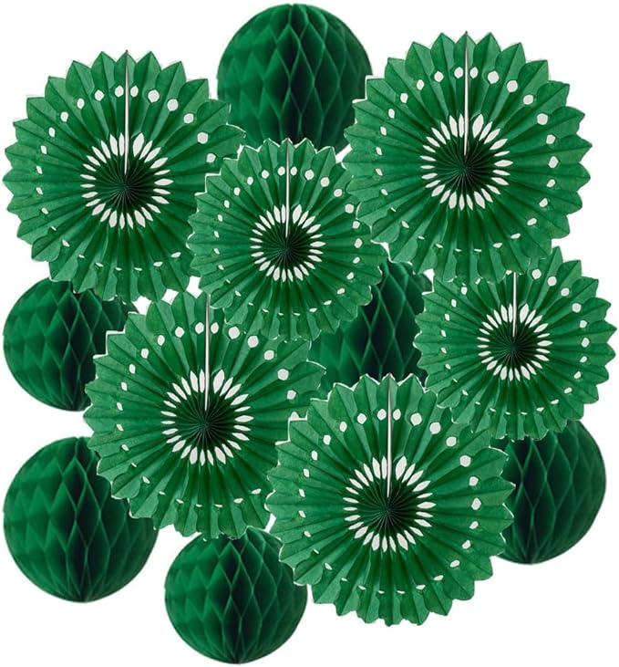 12pcs 6’’ 8’’ Honeycomb Balls Tissue Paper Fans Party Honeycomb Ball Fans Wall Tissue Pom Poms Flower Balls Hanging Paper Fans For Party Baby Shower Birthday Wedding Nursery Wall Decor(dark green set)