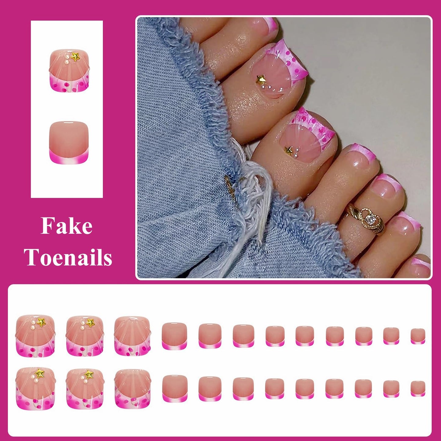 MISUD Press on Toenails - Fake Toe Nails with Pink French Tip, Acrylic Toenail 3D Shell Design 24 pcs