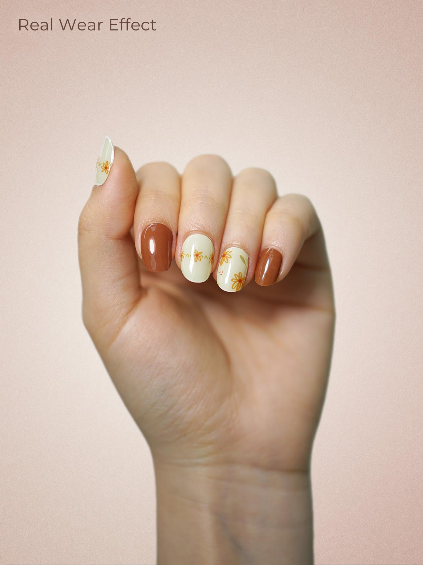 Beaolata Real Gel Nail Strips (No UV Light Needed) - 44Pcs Salon Quality Nail Stickers - Long Lasting Polish Wraps for Women, Easy Apply & Remove (Marigold Dream Brown)