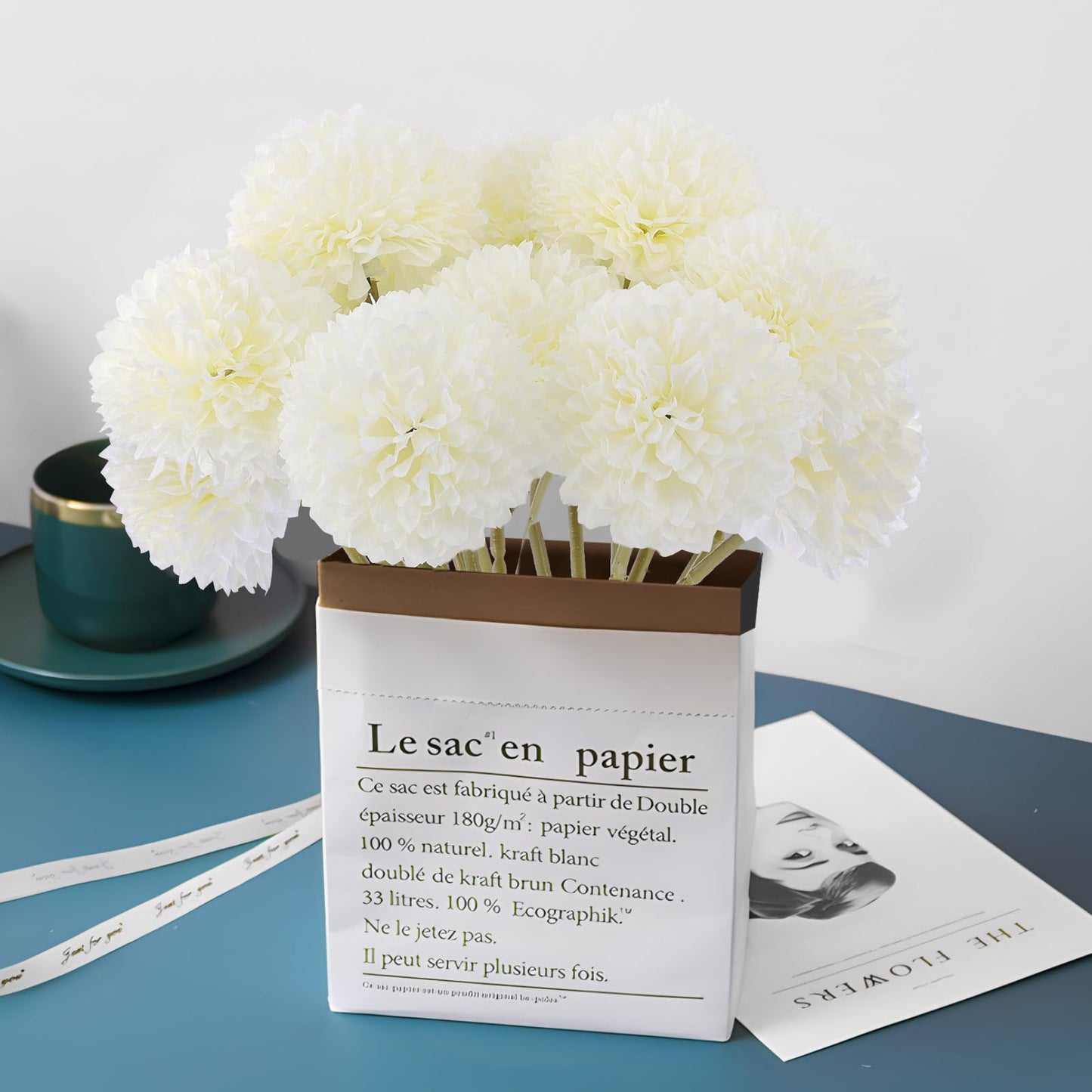 Rowfad 12 Pcs Artificial Chrysanthemums Flowers Silk Ball White Flowers Fake Mums Spring Flowers for Valentine‘s Day Wedding Home Decor (12, White)