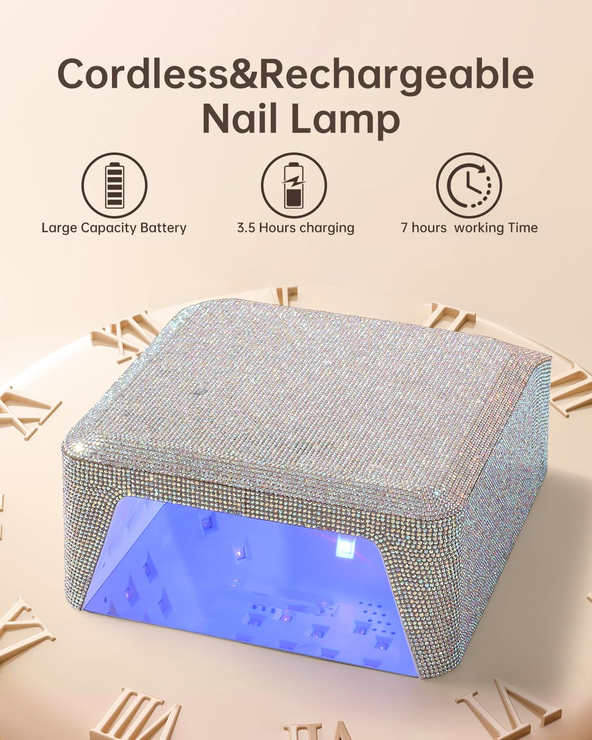 CHRISTINE SHELLY UV Nail Lamp, Rechargeable LED Nail Lamp Sparkly Gel Polish Light 4 Timer Setting Professional Quick Dry Curing Lamp with Display Auto Sensor for Salon & Home, AB Diamond