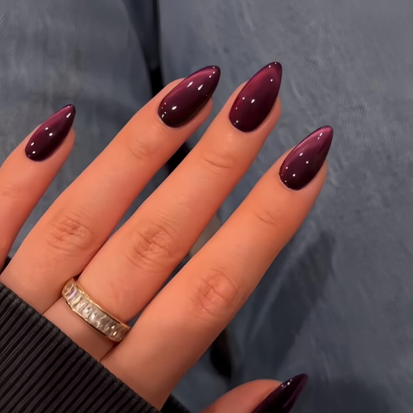 KQueenest Black Pink Cat Eye Press on Nail Almond, 30 Pcs 15 Sizes Shiny Sparkle Fake Nails Press on Medium Stiletto, Custom Thick Quality, Reusable Cute Glue on Nail for Women Summer Party