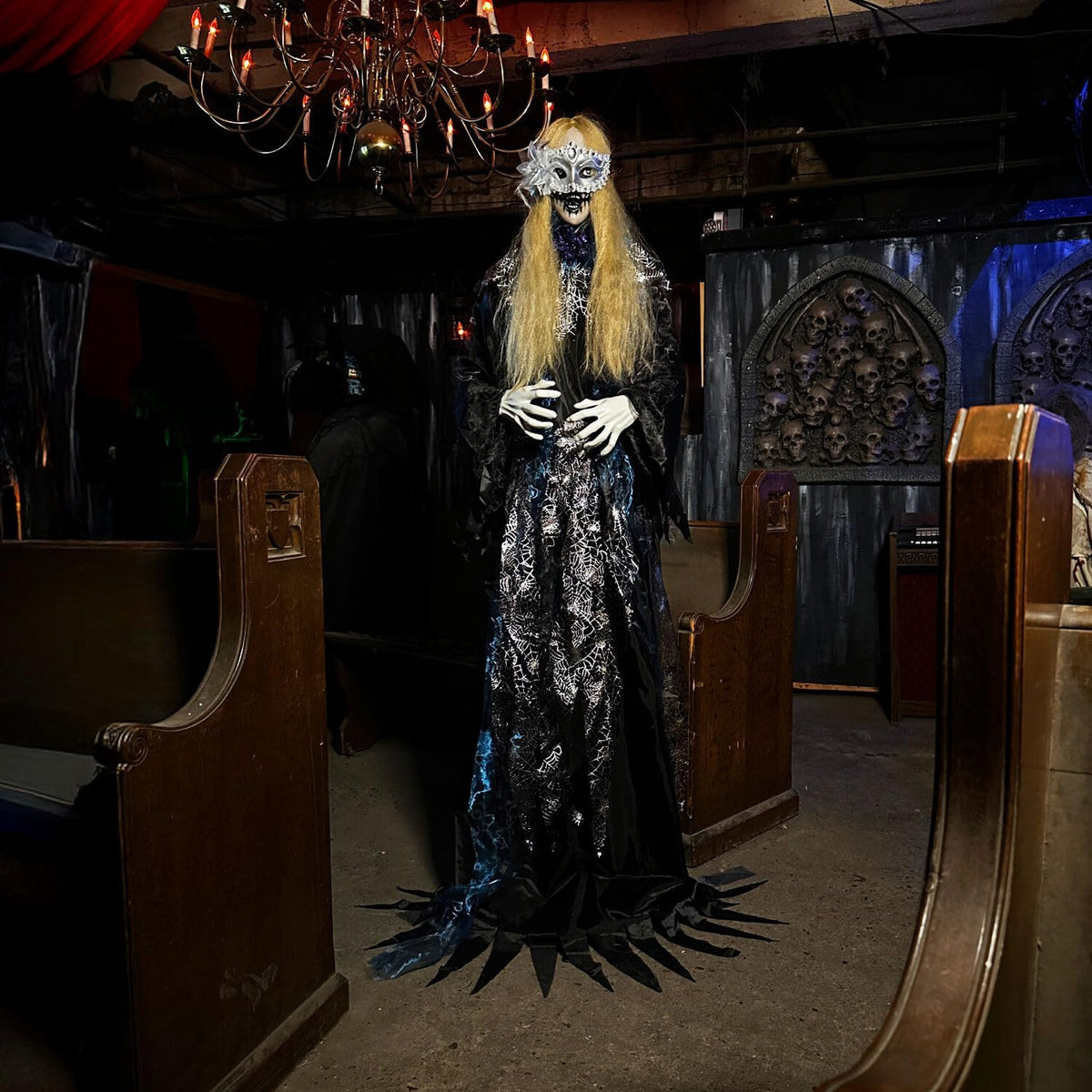 Haunted Hill Farm 5.5-Ft Animatronic Animated Standing Masquerade Lady, Halloween Animatronic, Spooky Venetian Masquerade Prop, Creepy House Party Decoration, Touch-Activated Lights & Sound, Life-Size