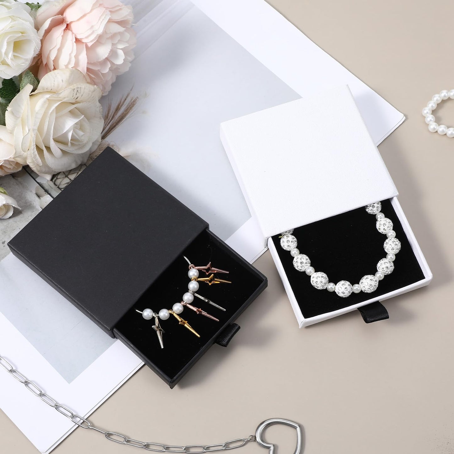 ZEYIYER 2Pcs Small Bracelet Gift Box, Jewellery Box Drawer Type, Cardboard Jewellery Gift Case for Necklace, Chain, Earrings (Black White)
