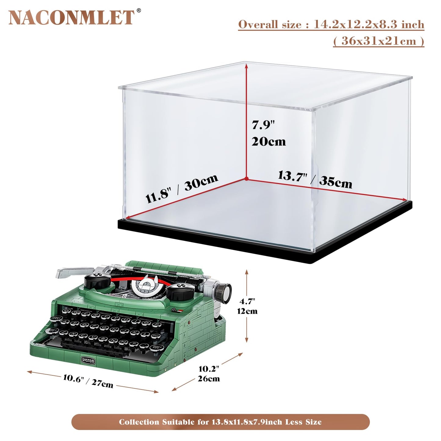 Premium Clear Acrylic Display Case with LED Lights – Dustproof & UV-Protected Showcase for Lego 21327 Typewriter(13.8"x11.8"x7.9"inch)