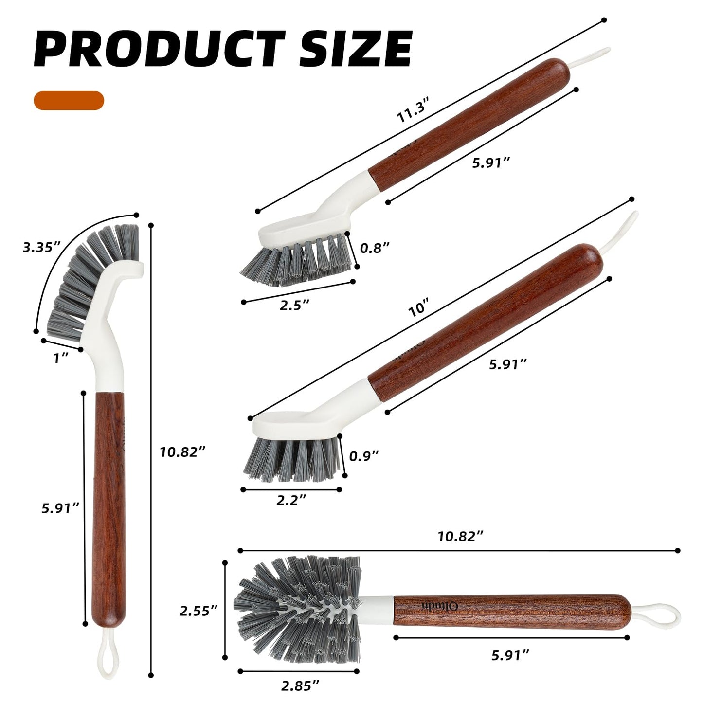 QLTUDN 4-Pack Heavy Duty Scrub Brushes with 11" Sapele Wood Handle – PBT Bristles & TPR Loop – Kitchen, Bathroom, Grout, Dish & Tile Cleaner – Durable Non-Slip Multi-Surface Cleaning Brush Set