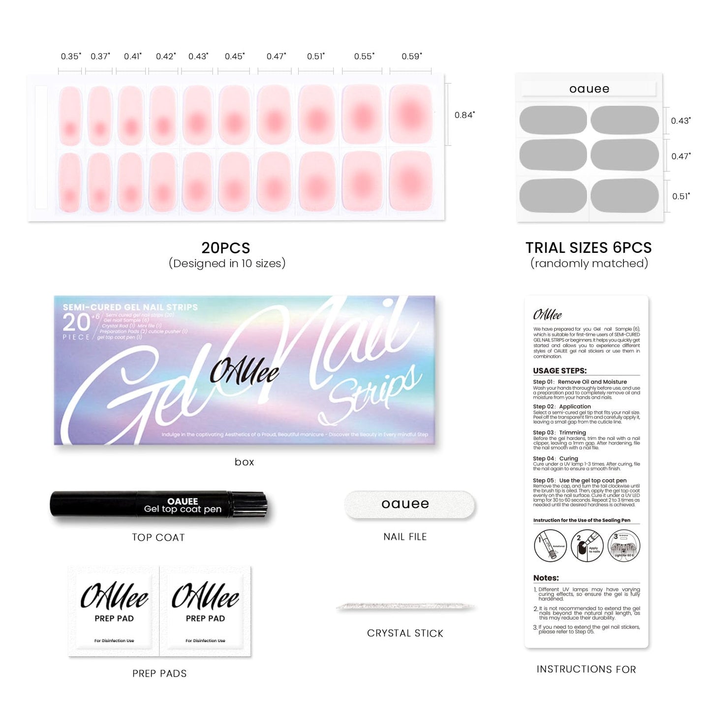Oauee Semi Cured Gel Nail Strips | Built-In Gel Top Coat | UV Light Required | Salon Quality, Easy Application And Removal (Blush)