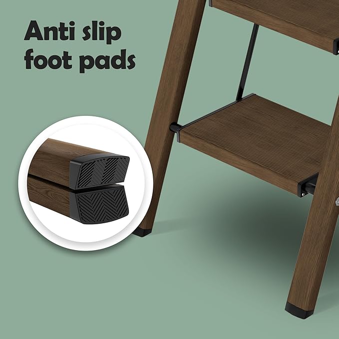 Taranta 3 Step Ladder,Aluminum Lightweight Folding 3 Step Stool with Anti-Slip Wide Pedal,330lbs Capacity Step Ladder for Household,Kitchen,Office - Walnut