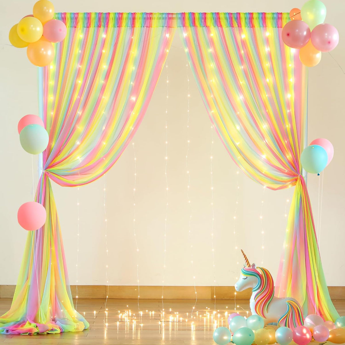 Rainbow Tulle Backdrop Curtain with Lights String 10x8ft Rainbow Sheer Backdrop Curtains for Girls Birthday Party Baby Shower Photo Shoot Background Decorations