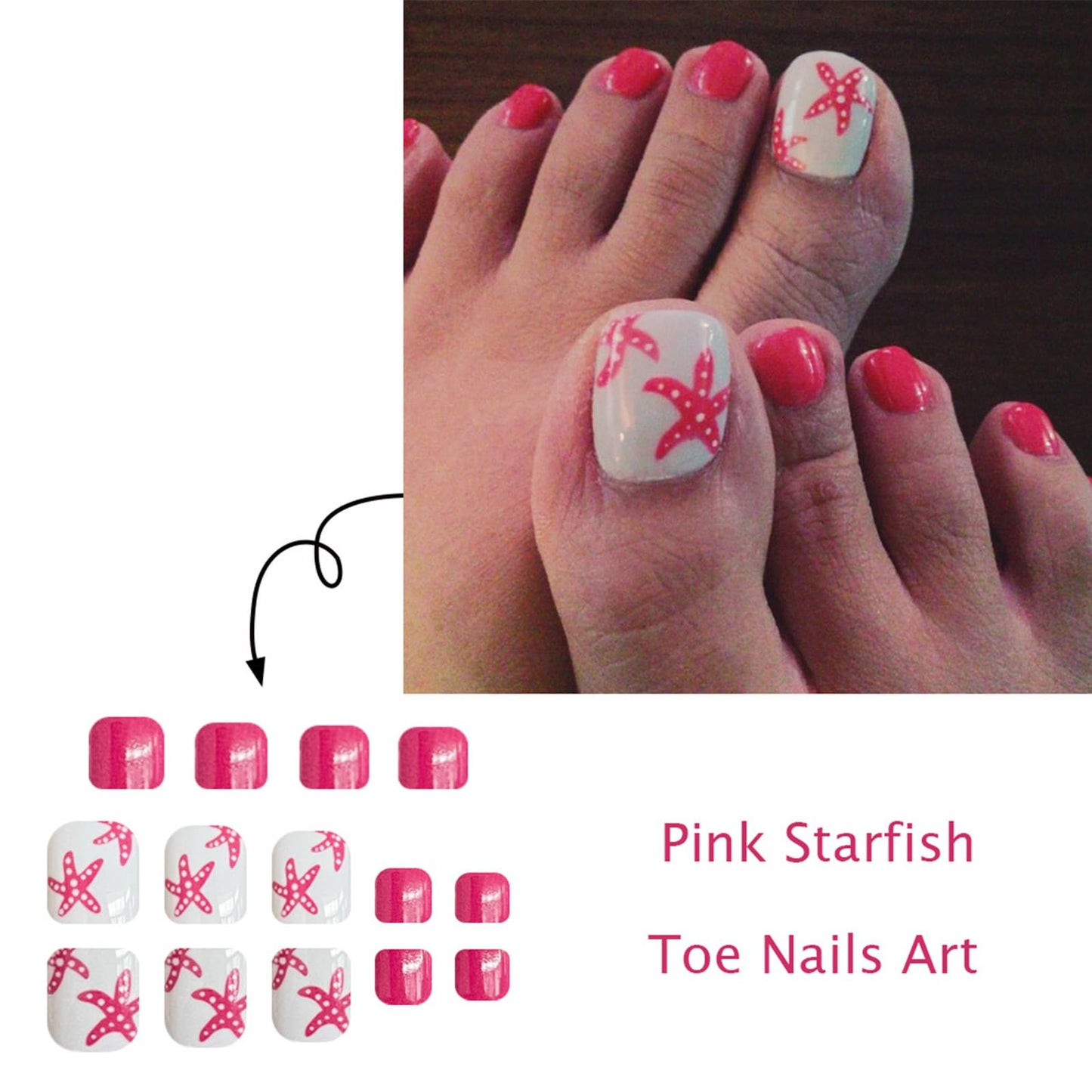 Pink Starfish Press on Toenails Short Square Fake Toenails Acrylic Toe Nail Press ons Reusable Stick on Toes Nails for Women Summer Beach Vacation Manicure 24Pcs