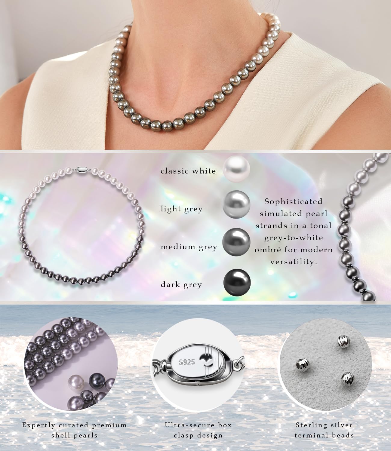 Raneecoco HYPER LUSTER Sterling Silver 10mm Round Ombre Gray Simulated Pearl Necklace for Women | Dainty 16 inch Pearl Choker Necklace | Gift Ready for Wedding