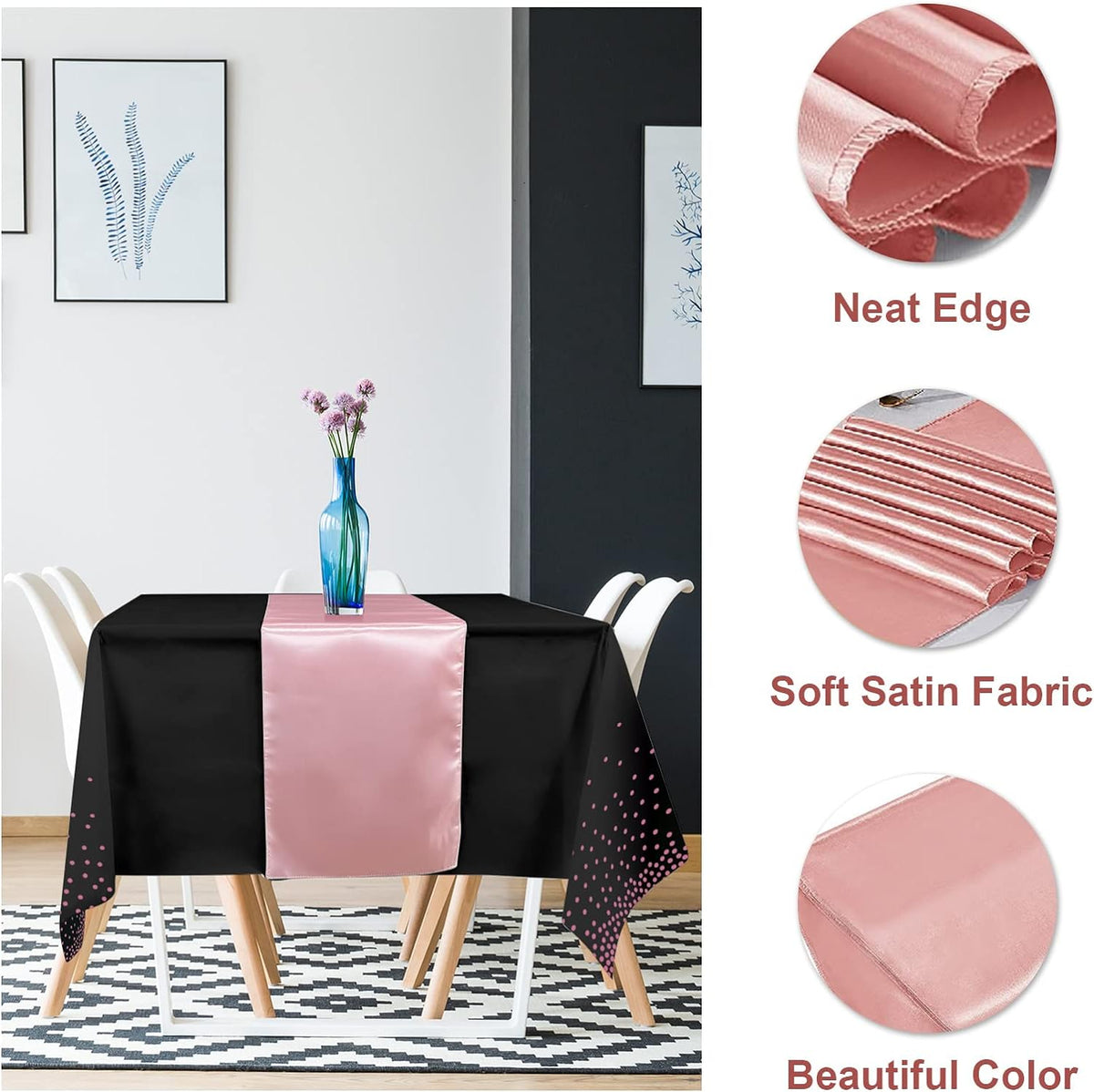 8Pack Disposable Plastic Tablecloths and Satin Table Runner Set Black and Rose Gold Dot Tablecloth Gold Satin Table Runner for Wedding Birthday Baby Shower Anniversary Christmas New Year Party Supply