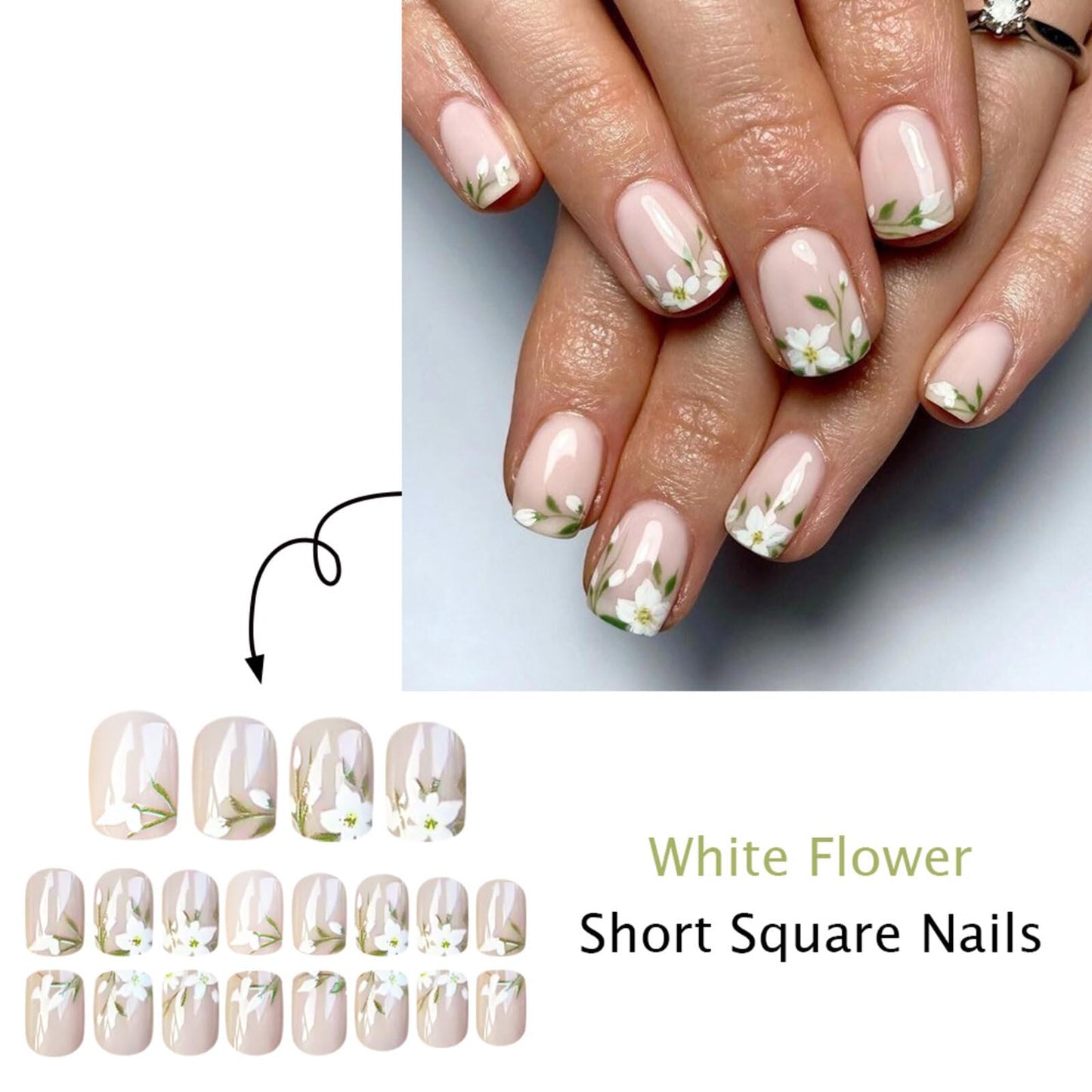 Short Square Press on Nails Nude Pink Base White Floral Green Leaf Patterns Shiny High Gloss Surface Gentle Manicure Artificial Nails Suitable for Elegant Unique Stick on Nails Stylish Charming 24 Pcs