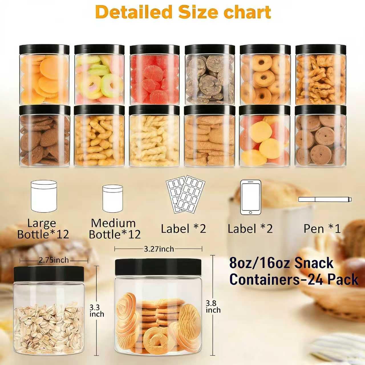 Large & Small Plastic Jars Combo (24 Pack) 12 Large 16 oz & 12 Small 8 oz Leak-Proof Clear Containers with Lids, Mason Jars, Perfect for Storing Spices, Cookie, Candy, and Dry Food, Empty Jars