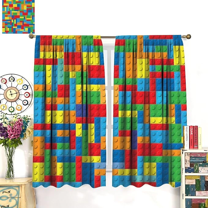 Colorful Building Block Toy Printed Curtains, Building Blocks, Curtains, Fun Brick 3D Design, Kids, Teens, Girls, Boys, Living Room, Bedroom, Window Treatment Panels, 2 Panels 42x63in