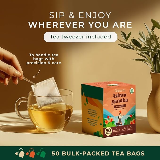 Gya Tea Co Ashwagandha Herbal Tea Bags (50 Bags) - Caffeine Free with a Tangy Flavor for All Day Comfort, Calming, Relaxing & Nourishing - Fruit & Herbal Blends