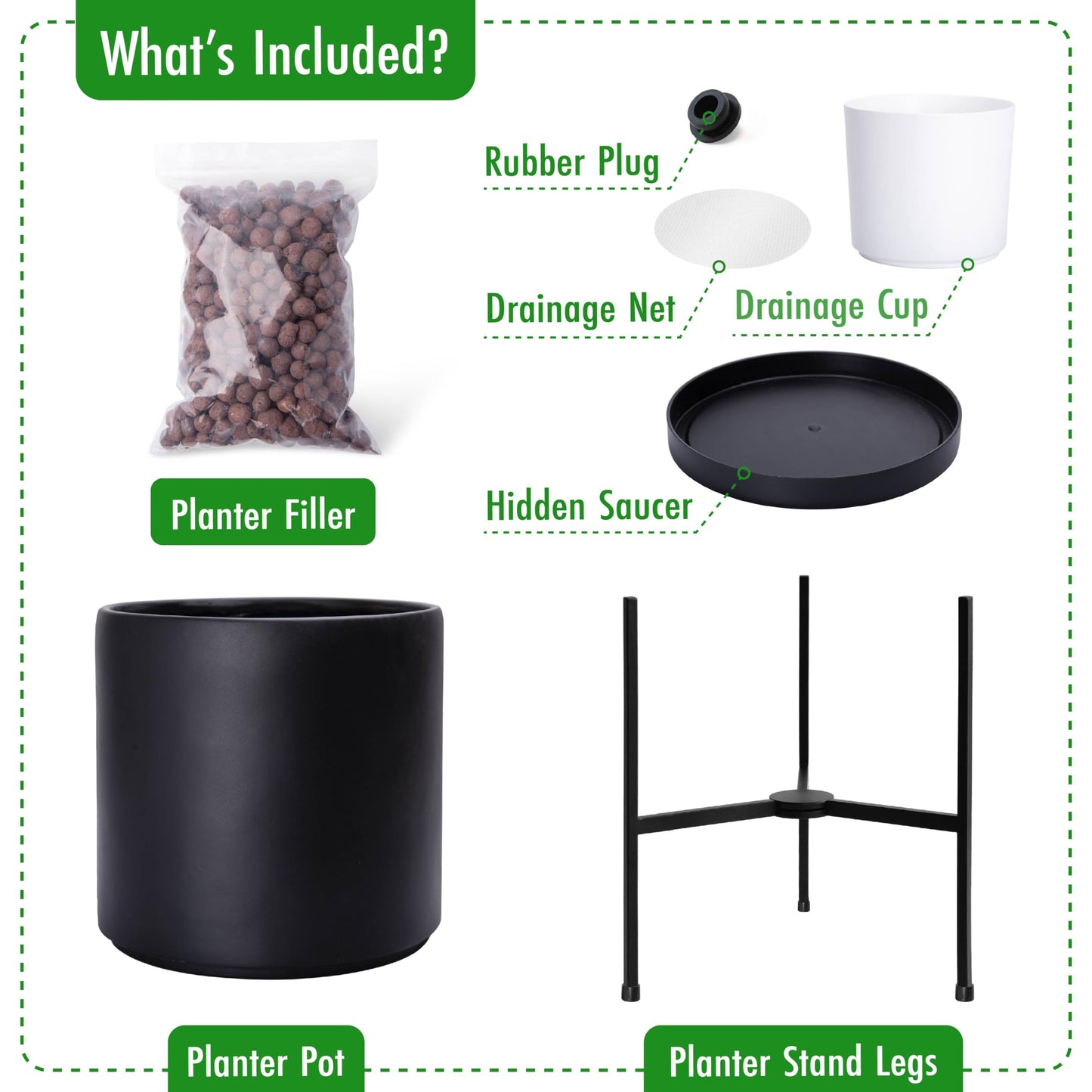 D'vine Dev Modern Black Plants Pot Cylinder Planter with Heavy Duty Stand, Large 12 Inch Pot, 17.6 Inch with Stand Height, 96-T-B-3