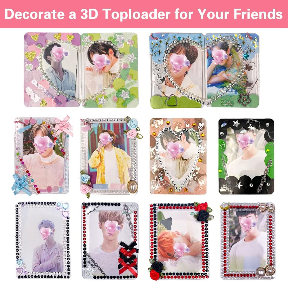 PALM LASHES K-pop DIY Photocard Toploader Decoration Kit – Includes 10pcs Hard Photocard Holder Sleeve 3D Flowers & Ribbon Bows, Stickers, and 3D Sticker for Card Trading