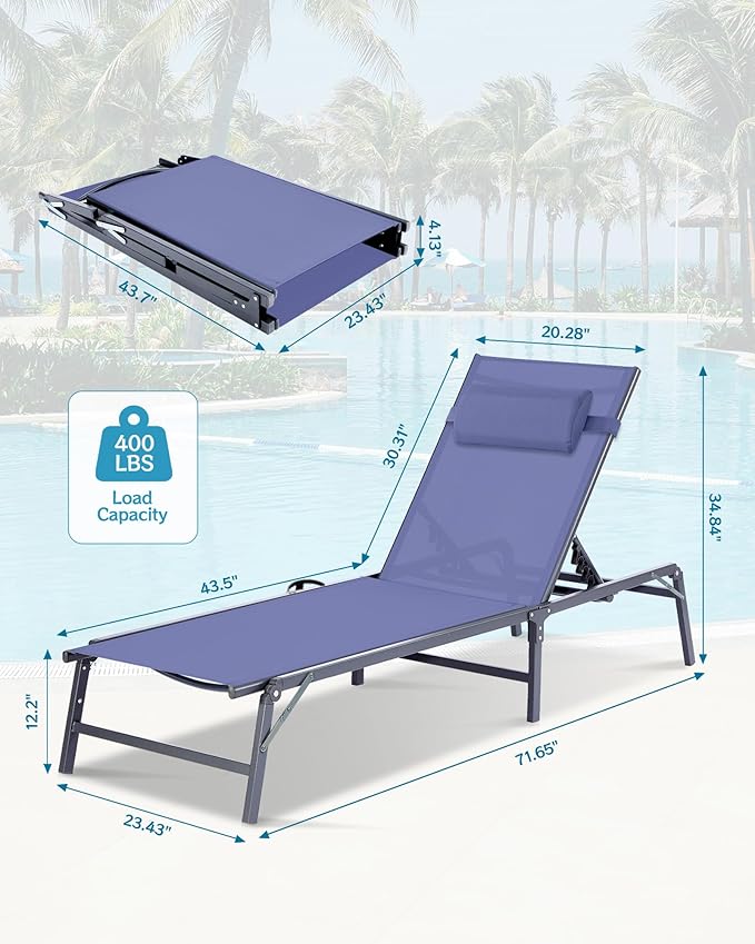 Foldable Chaise Lounge Chair with Cup Holder, Assemble-Free Outdoor Lounge Chair with Detachable Pillow and 6 Adjustable Backrest, Patio Lounge Chair for Outside Poolside Beach Pool, Blue