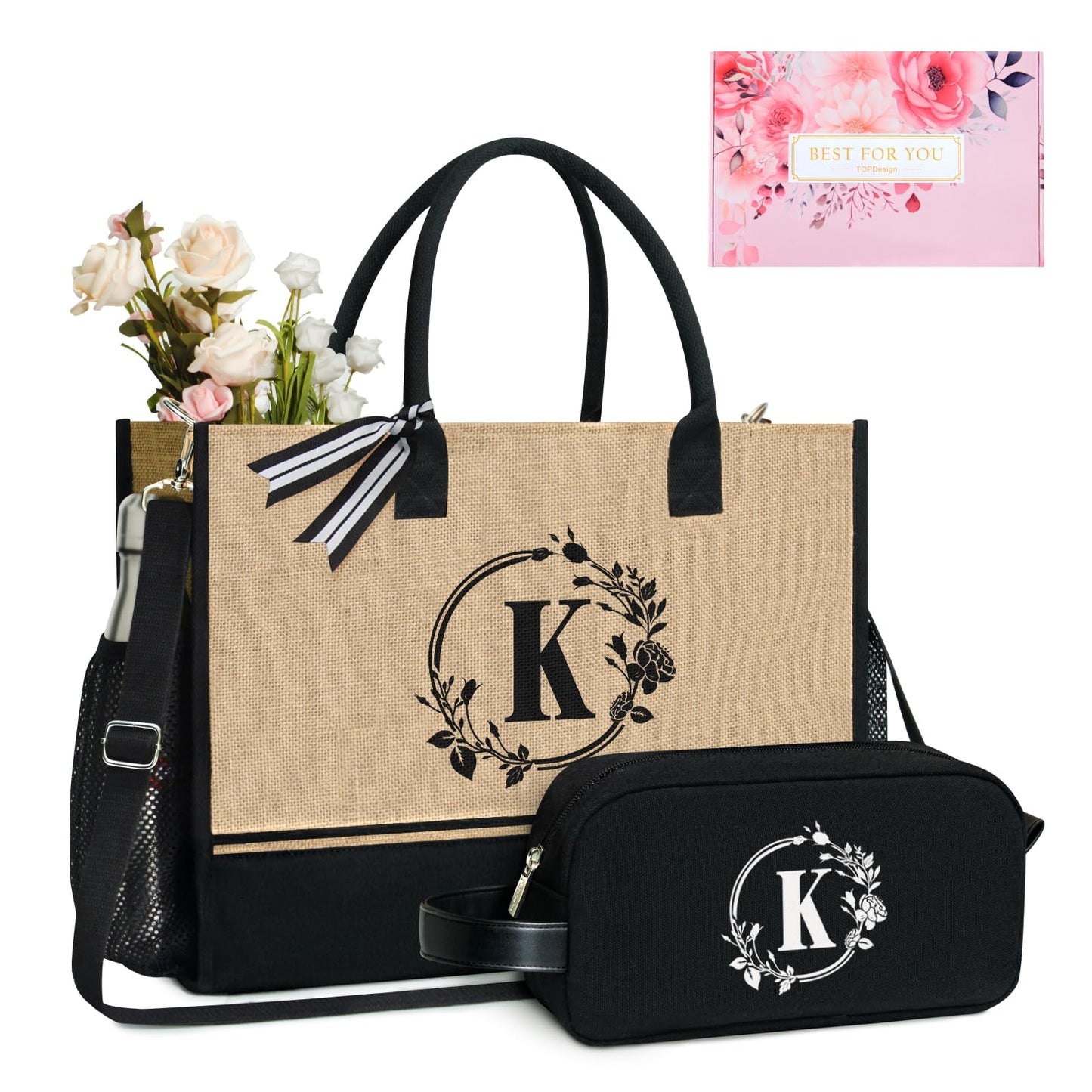 TOPDesign Personalized Initial Jute Tote Bag with 5 Pockets, Top Zipper Closure, Thick Bottom Support, for Wedding, Birthday, Beach, Perfect Gifts for Women, Mom, Teachers, Friends, Gift Boxed